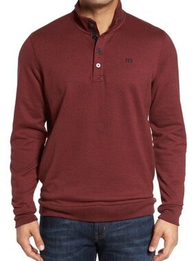 Travis Mathew XL Wall Mock Neck Fleece Henley Pullover, Red W/ Pockets  $124